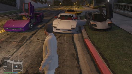 GTA mods: a man standing in front of three high-end sports cars.