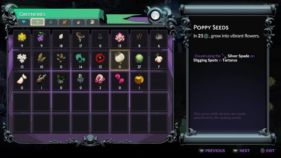 Hades 2 Poppy: a menu screen in Hades 2 showing Poppy seeds and how long they take to grow.