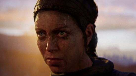 How long is Hellblade 2: Senua stares with quiet resolve into the distance, the afternoon light creating a corona behind her head.