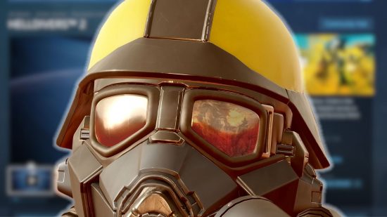 Helldivers 2 Steam delisting update: a close up of a black and yellow space marine helmet in front of a slightly blurred Steam page