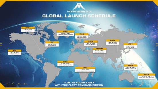 When is Homeworld 3 coming out? PC release times: A screenshot of Homeworld 3's release times on a map of the globe.