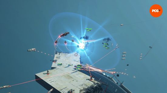 Homeworld 3 review: a ship explodes in the middle of a space battle.