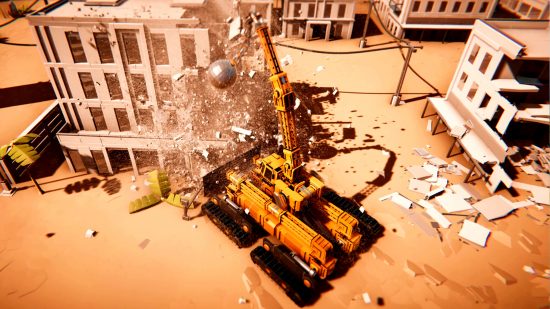 Satisfying physics simulation sandbox game Instruments of Destruction hits version 1.0 on Steam - A large orange vehicle swings a wrecking ball into a high-rise tower block, causing it to shatter into tiny fragments.