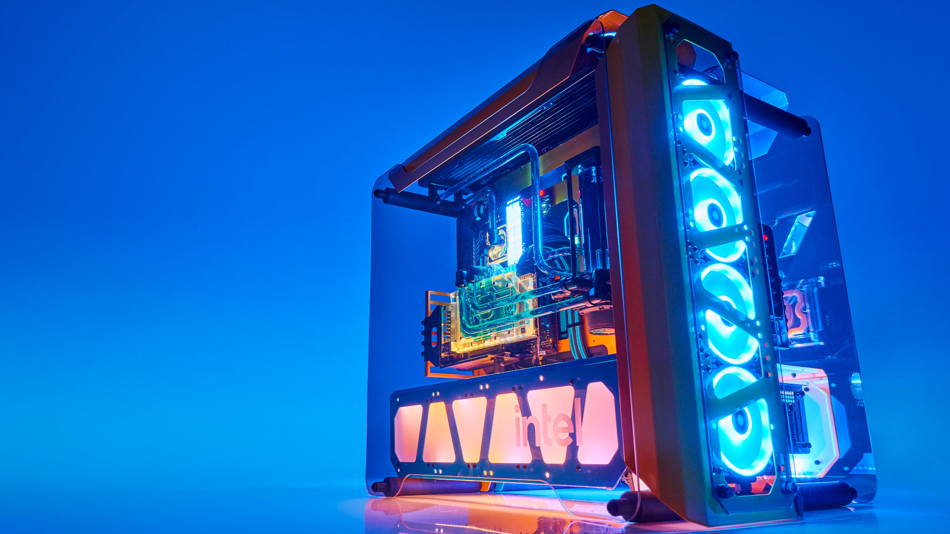 This blue and yellow Intel-themed build features two top gaming PCs