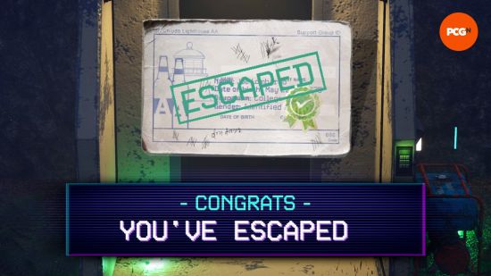 A stamp fills the screen saying "Congrats, you've escaped", as a player made it through one of the Killer Klowns from Outer Space exits.