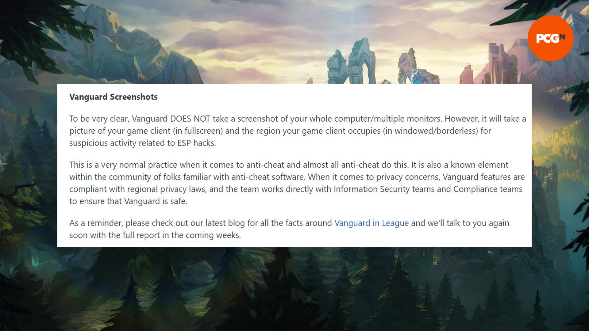 A Reddit post from Riot Games discussing the supposed issues with Vanguard anti-cheat screenshotting on PC