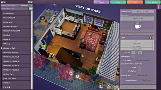 The Life by You mods editor showing the layout of the Cozy Up Cafe, one of the custom businesses.