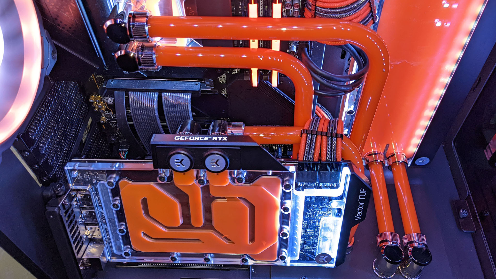 The angled graphics card in the watercooled gaming PC