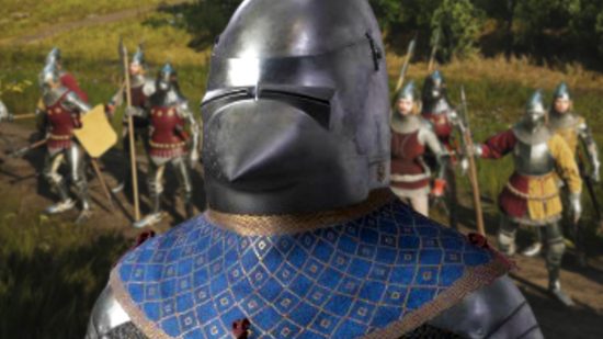 Manor Lords update May 10 2024 - A knight wearing a blue and gold scarf over their shoulders.