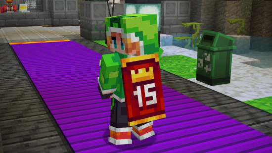 A player wearing a green hoodie also sports the MCC cape in Minecraft.