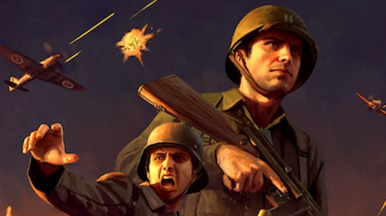 New legendary RTS sequel promises offline mode coming in future update: Several soldiers from Men of War 2 stand, weapons ready, while war rages all around them.