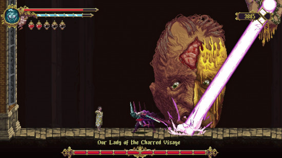 The Penitent One faces off against Our Lady of the Charred Visage in Blasphemous, one of the best Metroidvania games.