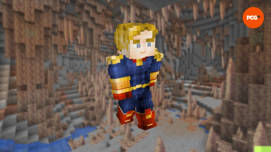 A Homelander Minecraft skin on the backdrop of a Dripstone cave.