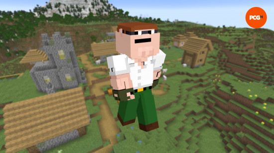 A Peter Griffin Minecraft skin on the backdrop of a Plains village.