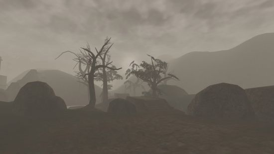 A misty scene from the West Gash region of Morrowind, with trees and plants barely visible.