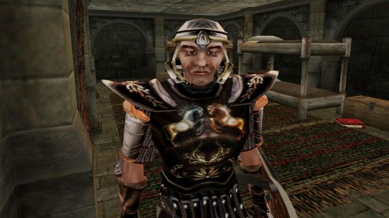 Morrowind’s best quest just got even better with this new mod : Imperial Champion Larrius Varro looks at the camera in the barracks region of Fort Moonmoth.