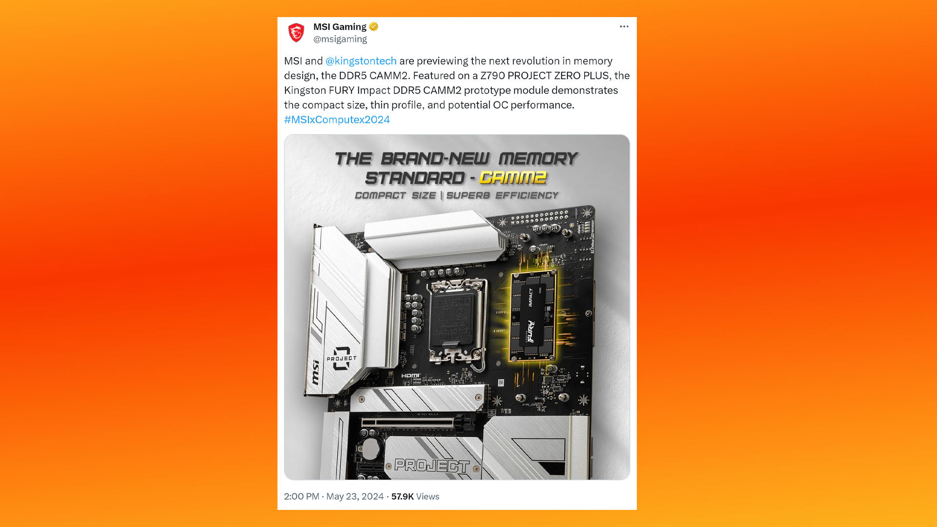 MSI Z790 Project Zero Plus motherboard with CAMM2 Kingston RAM shown in X Twitter post screenshot