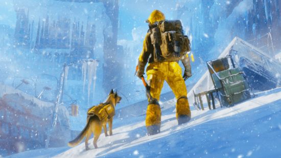 Permafrost announcement: a man stodd in the snow in yellow overalls with a dog in matching yellow bags