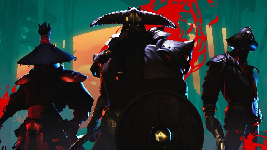 A shadowy Viking, flanked by a man with a gun and a figure wearing a traditional Asian hat, stand on a green blackground with red splatters