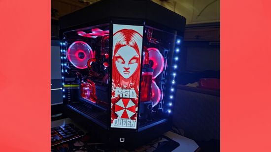 The Red Queen from Resident Evil on the side panel of a gaming PC