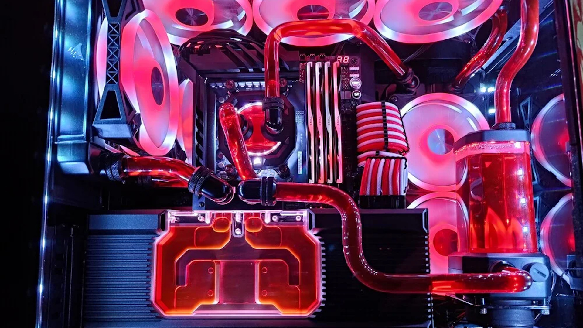 The watercooling inside the Red Queen Resident Evil PC