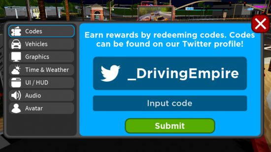 The menu to redeem Driving Empire codes