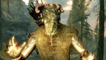 Skyrim mod wait: a lizard man stood in a forest, arrows on his back, both arms up readying to use some sort of light spell