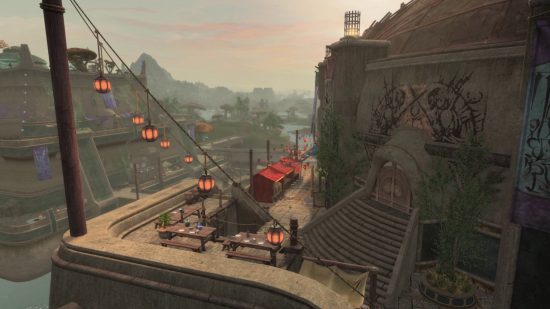 A scene from Skywind which shows the mod's revamped Vivec city, complete with new outdoor areas.