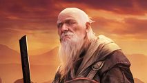 Stunning fantasy strategy game inspired by the greats out now on Steam: An elderly wizard from Songs of Conquest stands in front of a red sky.