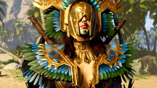 Highly anticipated Steam survival game Soulmask moves its launch closer - A woman wearing gold, blue, and green outfit and helmet in the style of ancient Mayan people.