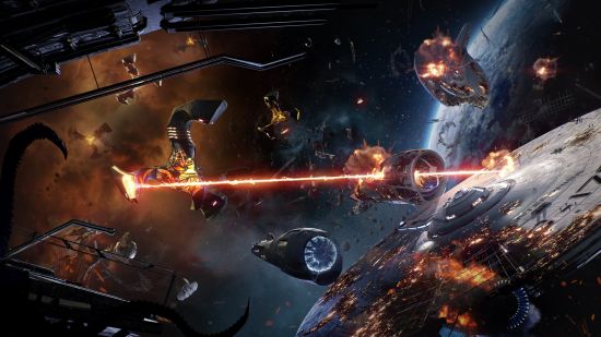 Best strategy games: several spaceships engage in a laser battle.
