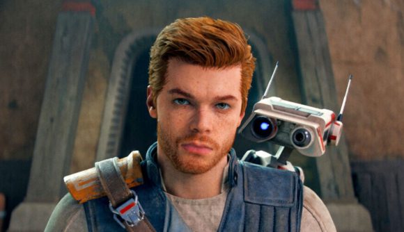Star Wars Jedi Survivor series Steam sale: a man with red hair and a short beard, with a little white droid propped up over his left shoulder