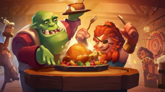 Tavern Keeper early access release: An ogre and a human eating dinner in Tavern Keeper