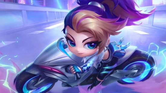 TFT is finally getting one of League of Legends' best features: A chibi character with black and blond hair in a ponytail smirks, riding a cyberpunk motorbike