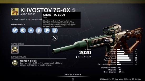 The Final Shape exotics: Khvostov 7g-0x in the weapon inspection screen
