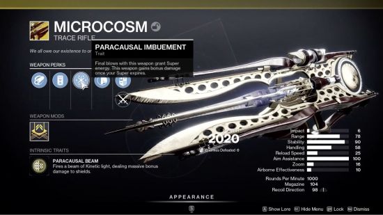 The Final Shape exotics: Microcosm in the inspection menu