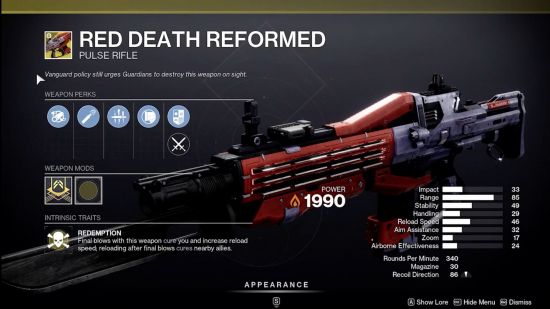 The Final Shape exotics: Red Death Reformed in the weapon inspection screen