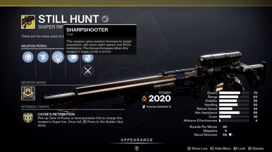 The Final Shape exotics: Still Hunt in the weapon inspection screen