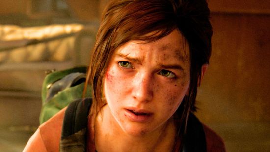 The Last of Us Neil Druckmann quote: a young girl with marks in her face and short brown hair looks concerned