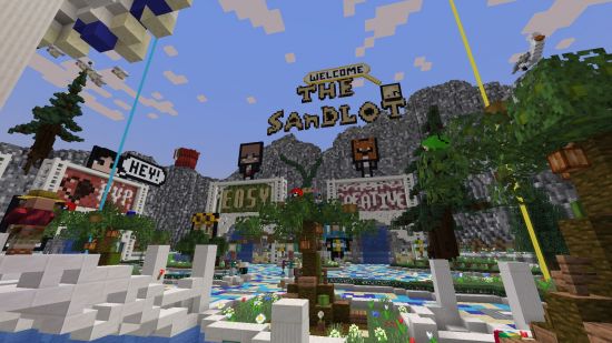 A view of the welcome area in The Sandlot, one of the best Minecraft servers, showing PvP, easy mode, and creative mode portals.