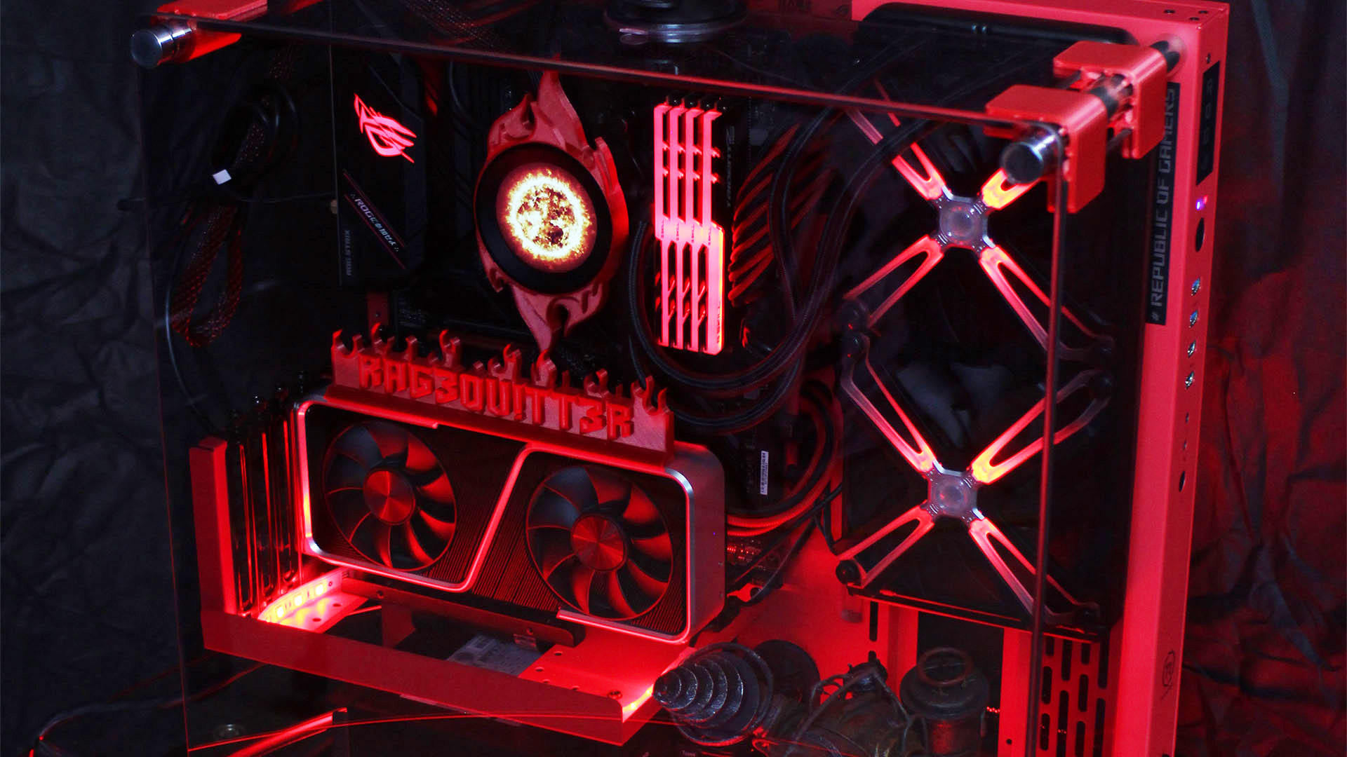 The bioshock pc build in its red RGB light