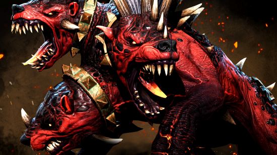 Total War Warhammer 3 introduces a new Chaos legendary hero for free - Karanak, the Hound of Vengeance, a large, red-skinned, three-headed dog.