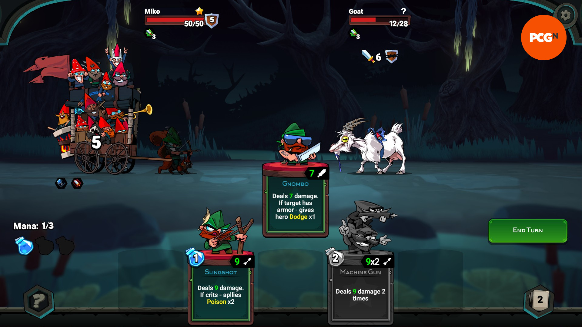 Union of Gnomes: una captura de pantalla de la batalla en el creador de mazos roguelike, donde se usa una carta 'Gnombo' para realizar un ataque.