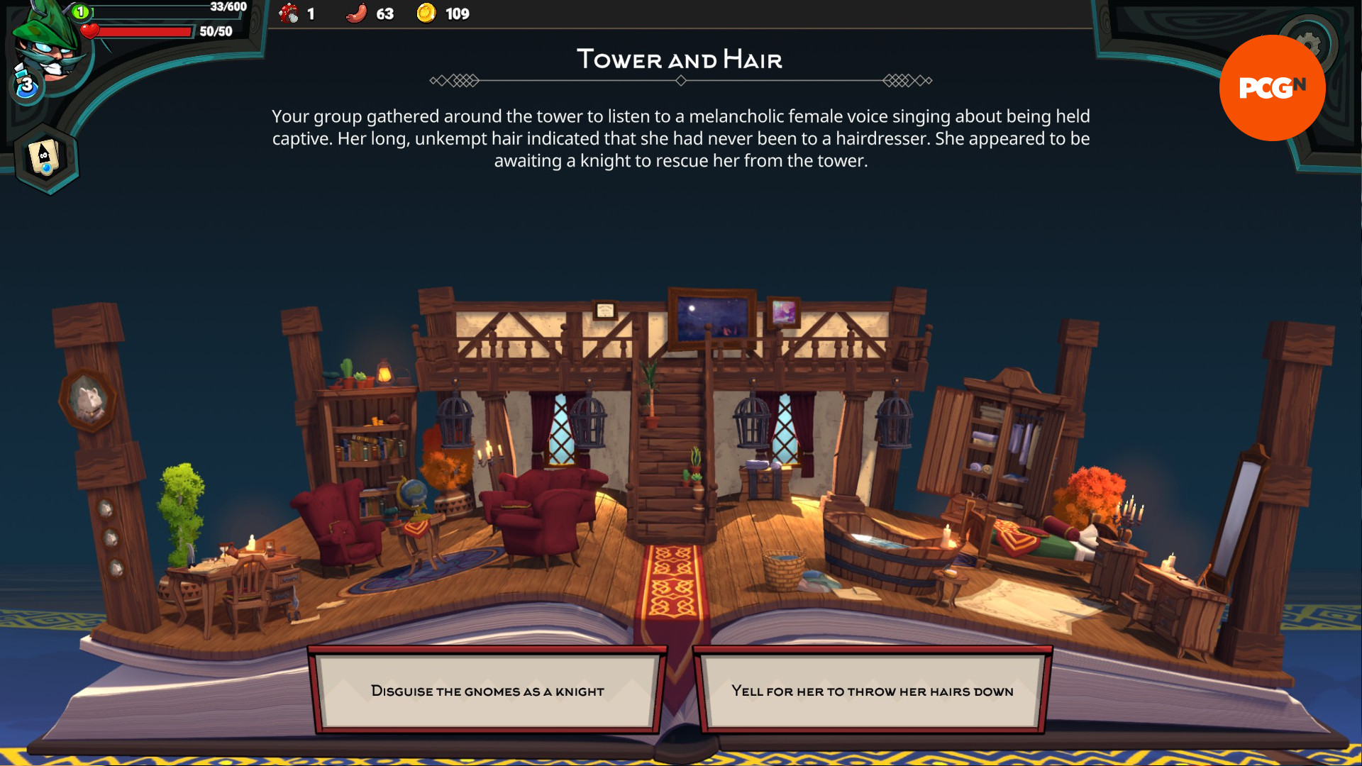 Union of Gnomes: un evento en el que el jugador conoce a una mujer con cabello largo atrapada en una torre y puede 