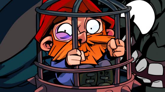 New Steam roguelike deckbuilder Union of Gnomes gets a free demo prologue - A gnome with a red cap and ginger beard sits trapped in a cage.