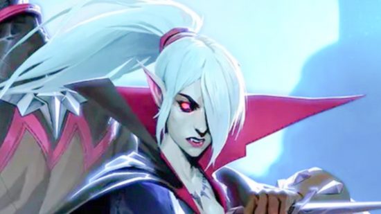 V Rising is blowing up on Steam: A cartoon of a white haired woman with red eyes and pointed ears, a vampire from V Rising.