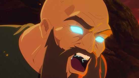 Valheim Ashlands out now: a cartoon man with a bald head, glowing blue eyes, and a brown beard shouting