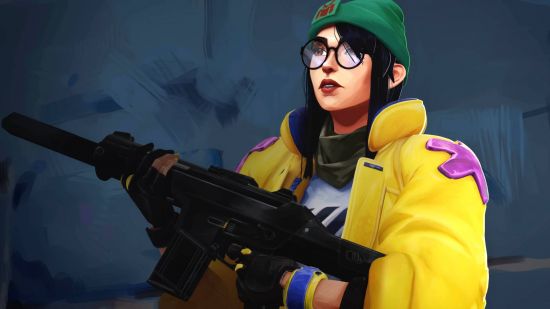 Valorant codes: a woman in a yellow jacket wearing a green beanie is holding a rifle.