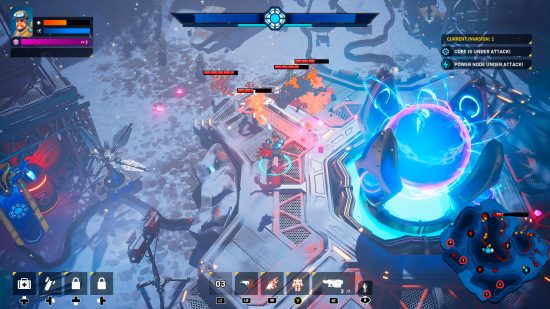 Helldivers meets League of Legends in flashy new Steam MOBA: A videogame character protects a huge glowing blue base as enemies swarm it, the area is covered in snow