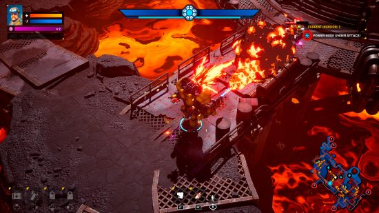Helldivers 2 meets League of Legends in flashy new Steam MOBA: A player in a mech crosses a metal bridge over lava, blowing fire from huge canons on its front